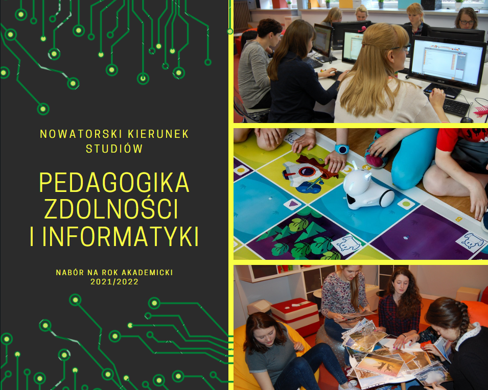 infografika kierunku pedagogika zdolności i informatyki, studenci, roboty